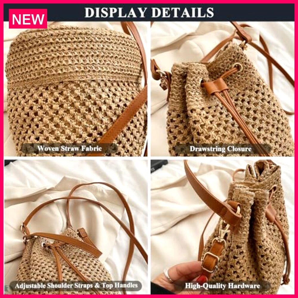 Straw Bucket Bag Woven Crossbody Hobo Drawstring Purse Beach Handbag - Picture 6 of 8